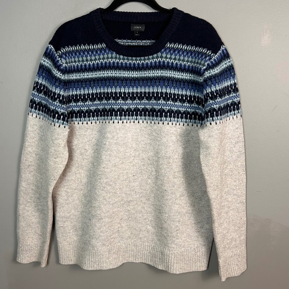 J Crew Fair Isle Sweater Men's Large 100% Lambswool y2k Blue Nordic Preppy Ski